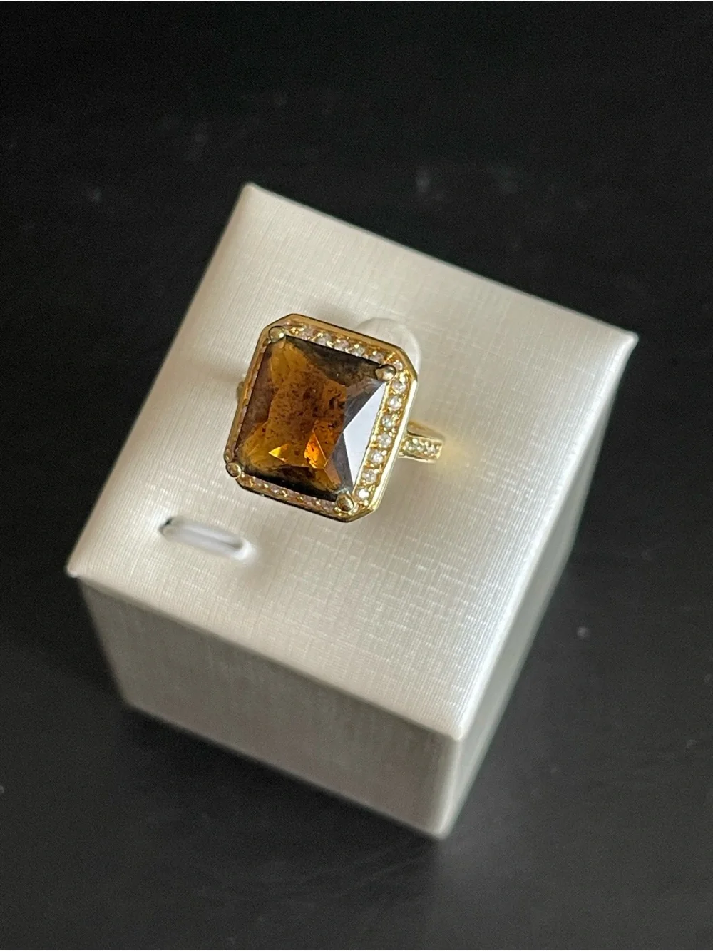 New Gold-Tone simulated Smoky Topaz Square Halo Ring .